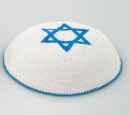 White Knitted Kippah with center Blue Magen David